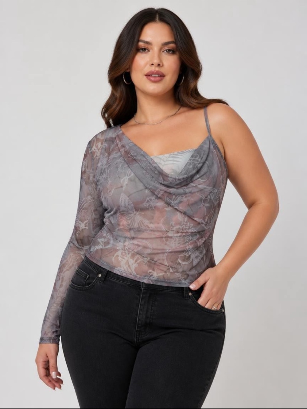 NWT Sheer Grey Mesh Swirl Print One Sleeve Long Cowl Neck Top US 12 or L / XL